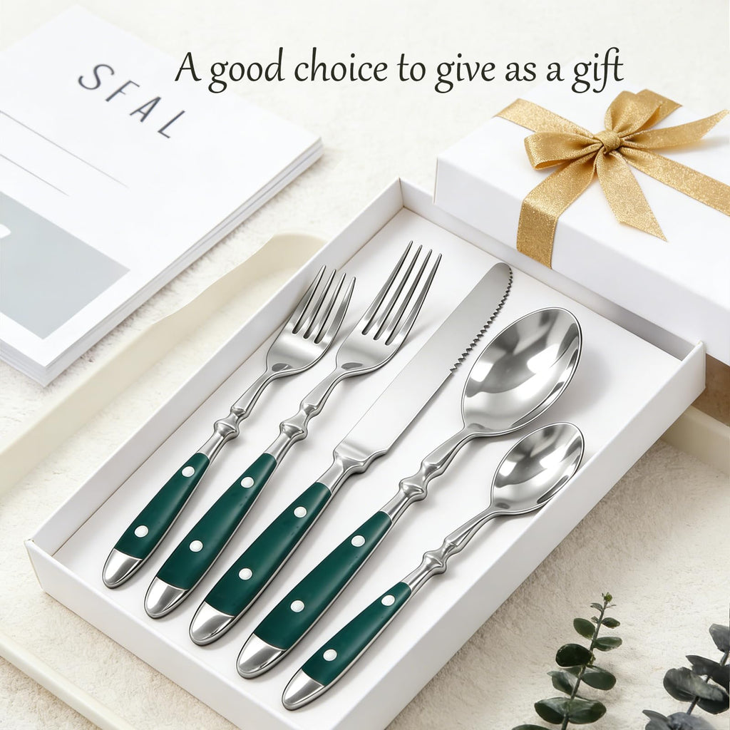Vintage Silverware Set Service for 4, Flatware Set with Green Bakelite Handle, Stainless Steel Cutlery Set