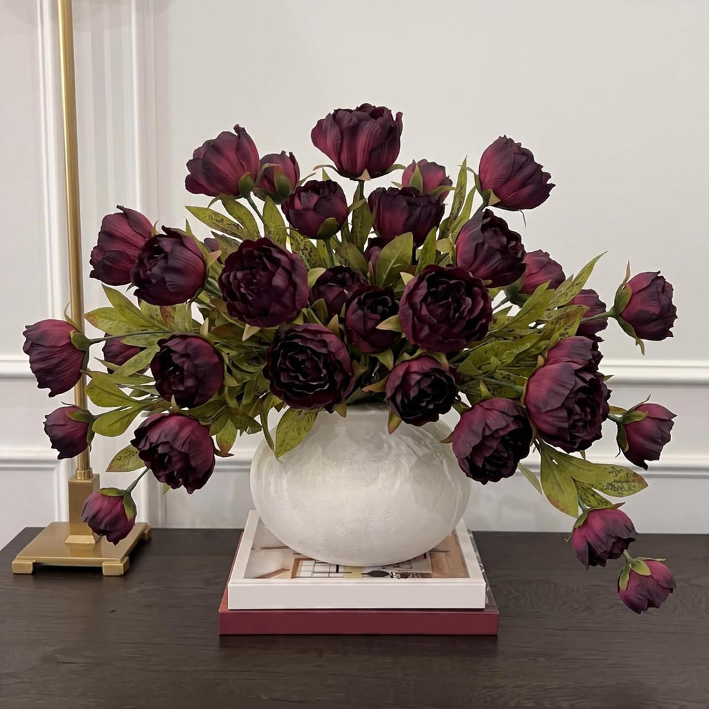 Faux Silk Peony Artificial Flowers Stem for Vase, 8 Pcs, Dark