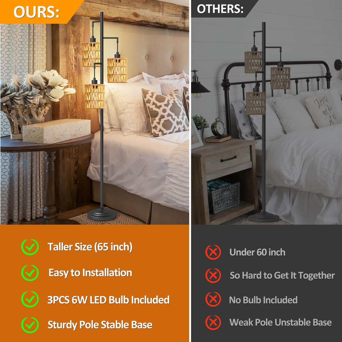 3 Lights Rattan Floor Lamps with ON/Off Foot Switch Tree Standing Lamp with Wood Rattan Lampshades Boho Floor Lamp