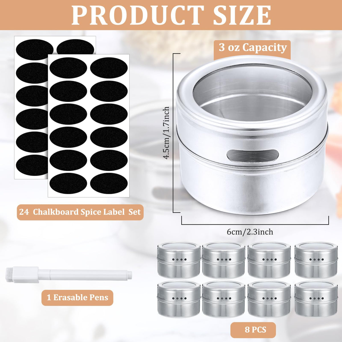 8 Pack Magnetic Spice Jars for Refrigerator, 3 oz Spice Tins Set