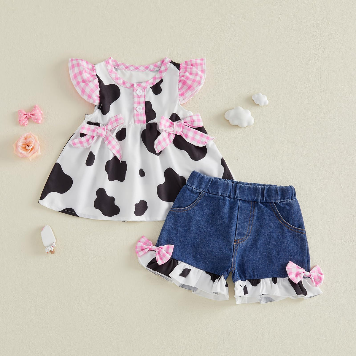 Toddler Cowgirl Outfit Girl Button Down Shirt Ruffle Sleeve Tops and Shorts Set Kids Denim Outfits Western Clothes