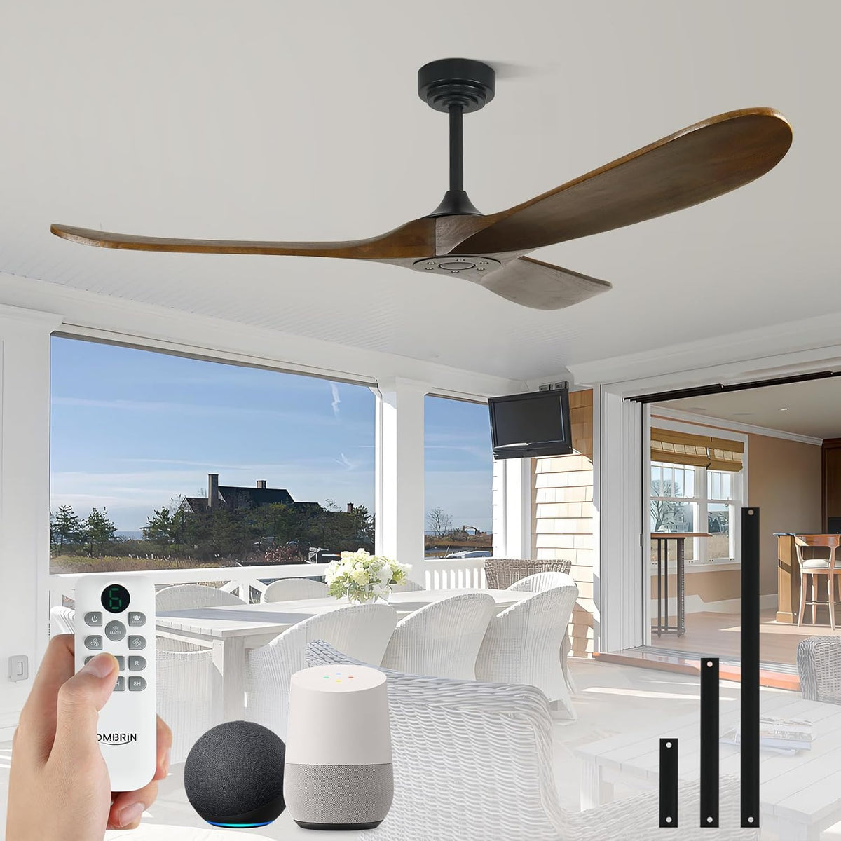 52-Inch Smart Outdoor Wood Ceiling Fan Without Lights for Covered Patios