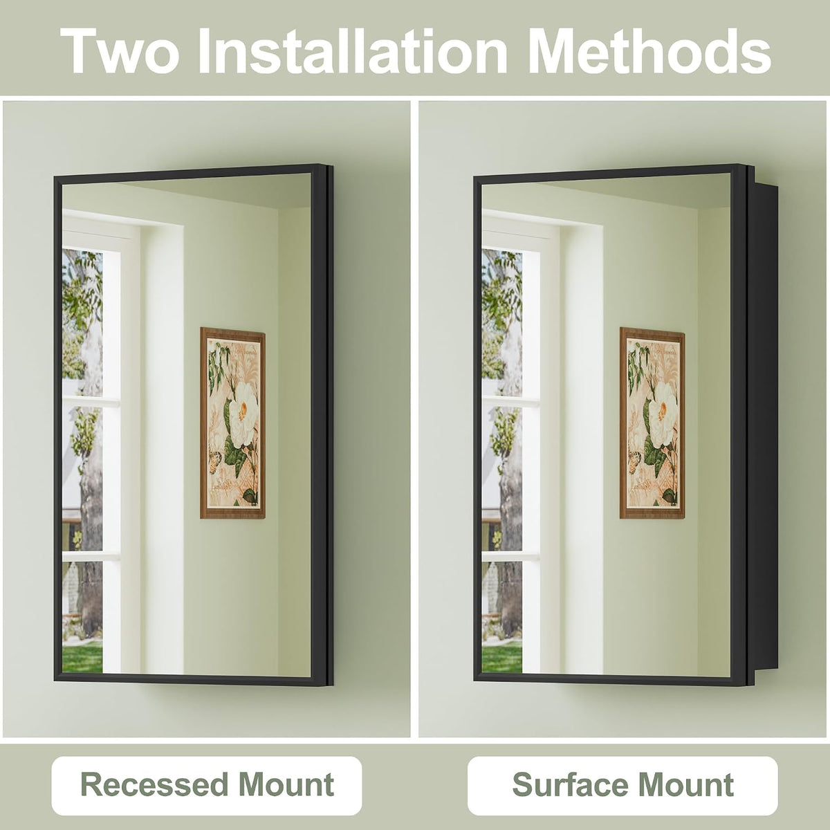 14 x 24 Inch Framed Medicine Cabinet Mirror , Black | Recessed or Wall Mount, Fits 13-3/8 x 22-13/16 Inch Rough