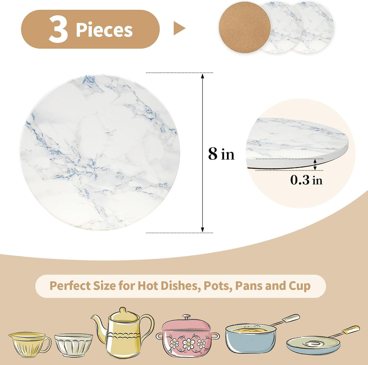 Inch Trivets for Hot Dishes, Pots and Pans, Marble Style Ceramic Trivet with Holder, Heat Resistant Hot Plate Mats - Set of 3
