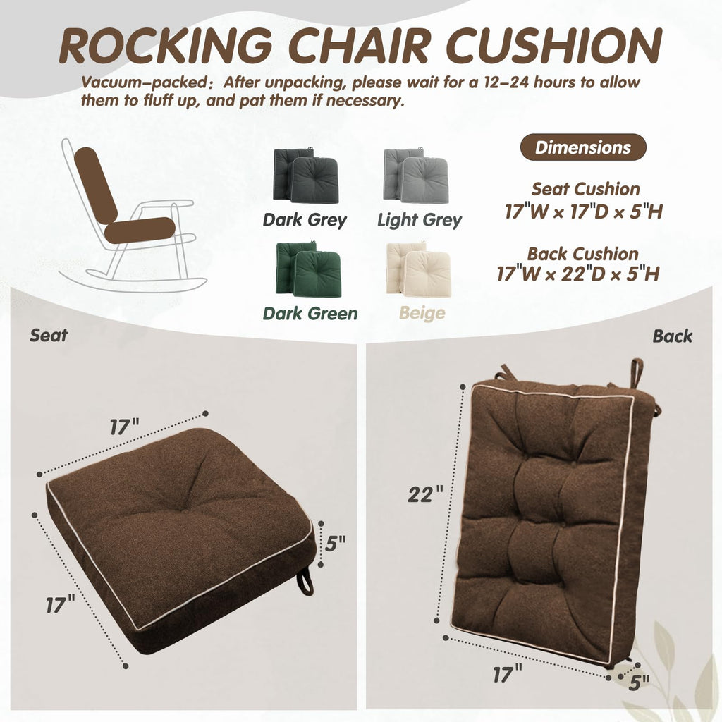 Jumbo Rocking Chair Cushion with Memory Foam for Outdoor/Indoor, Set of Thicken Seat & Back Chair Cushions with