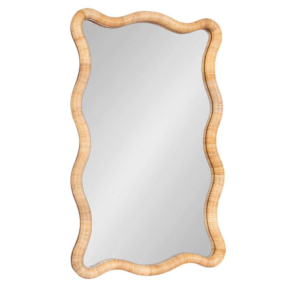 Rahfy Boho Scalloped Rectangle Rattan Wall Mirror, 24 x 36, Natural Wood, Decorative Rectangular Wavy Mirror with