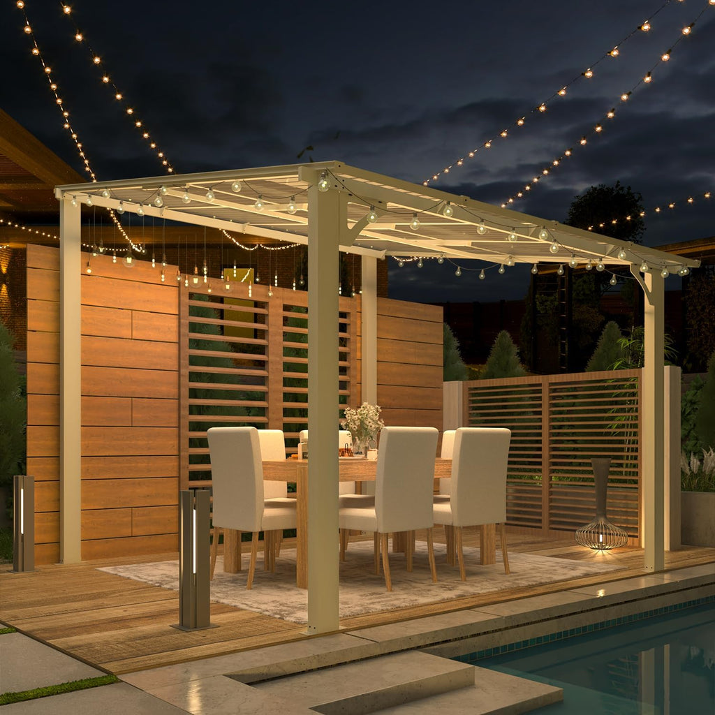 8' x 8' White Gazebo Outdoor Pergola, Small Wall-Mounted Hard Top Lean to Metal Gazebo Shelter Pergolas and Gazebos