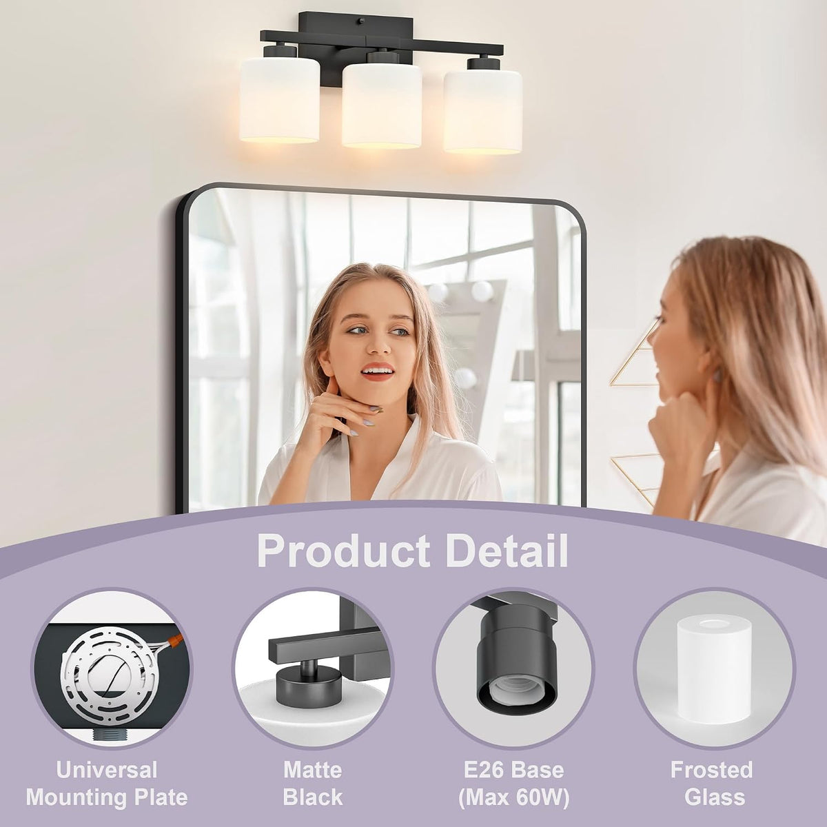 Bathroom Light Fixtures Black, 3-Light Vanity Lights Over Mirror | Modern Bathroom Vanity Light, Frosted Shades