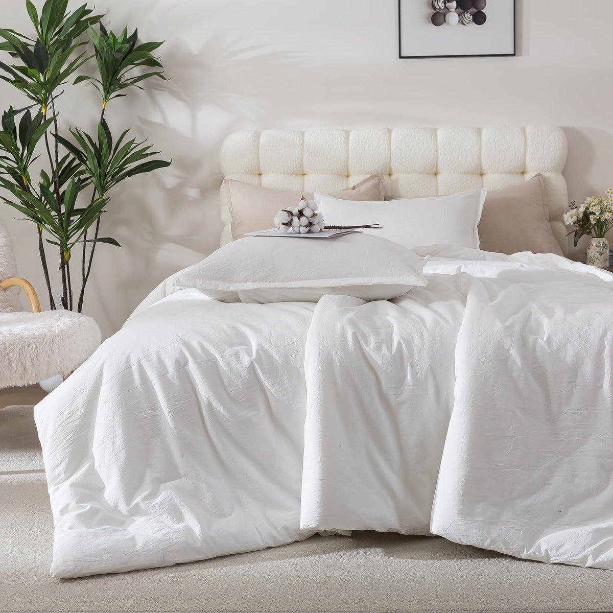 White Comforter Set Full Size, Cotton Fabric with Microfiber Inner Filling 3 Pieces Linen Like Bedding Set, Soft Boho
