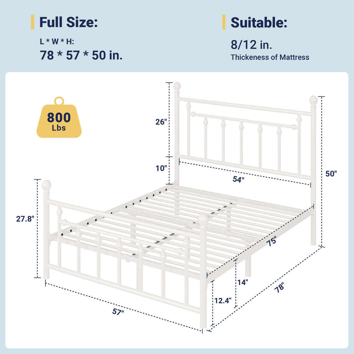 14'' Metal Platform Bed Frame, Vintage Headboard, White