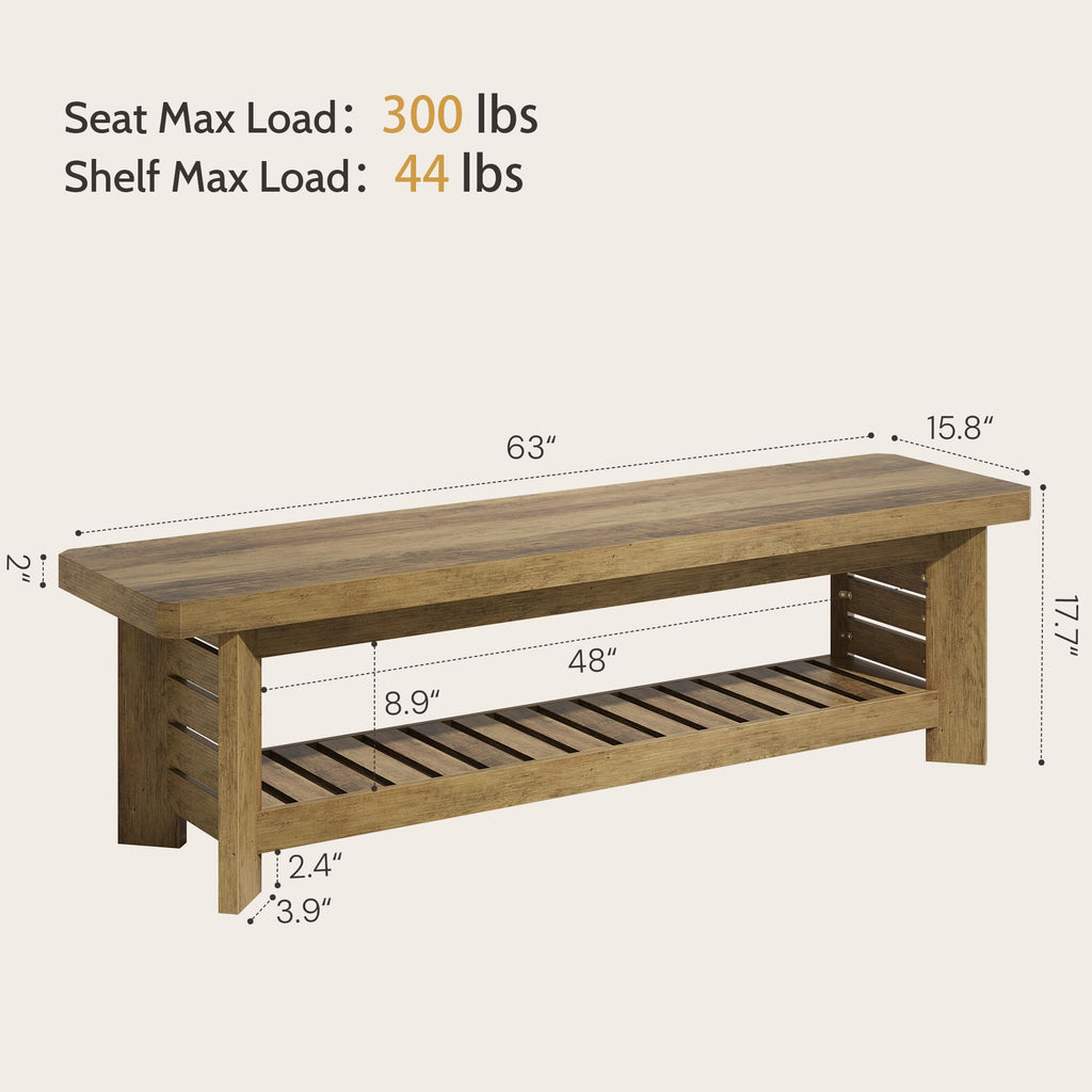 63" Entry Way Bench, Long Wood Entryway Benches Bedroom, Farmhouse Indoor Shoe Storage Bench Seat, Rustic Brown