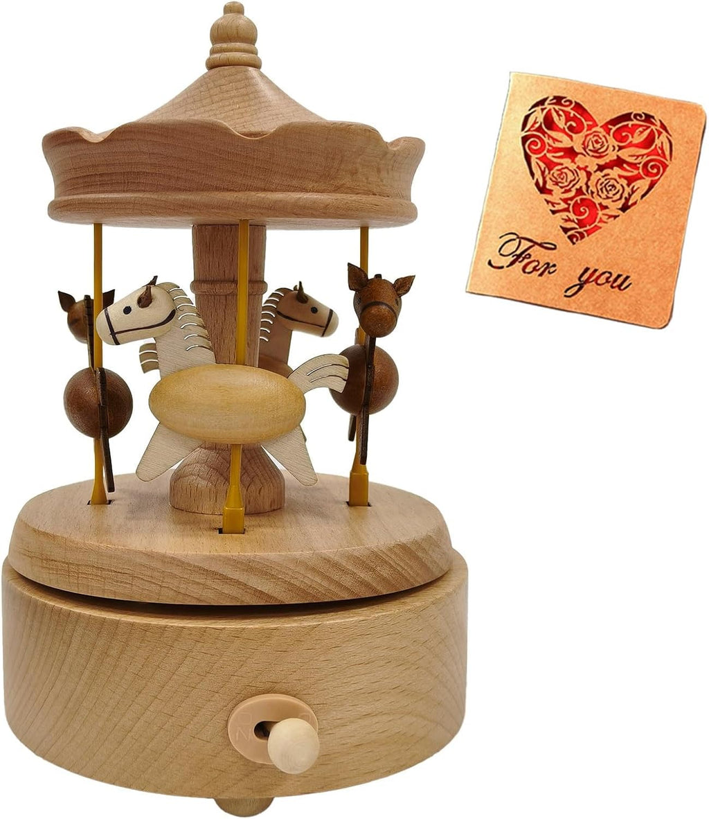 Wooden Carousel Music Box with Moving & Elevating Horses, Rotating Wind-Up Decor, Collectible Mechanical Musical Box