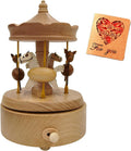 Wooden Carousel Music Box with Moving & Elevating Horses, Rotating Wind-Up Decor, Collectible Mechanical Musical Box