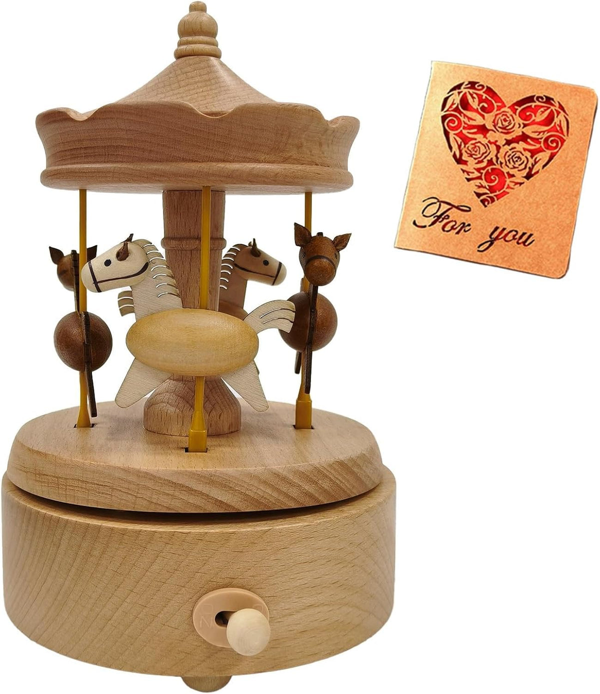 Wooden Carousel Music Box with Moving & Elevating Horses, Rotating Wind-Up Decor, Collectible Mechanical Musical Box