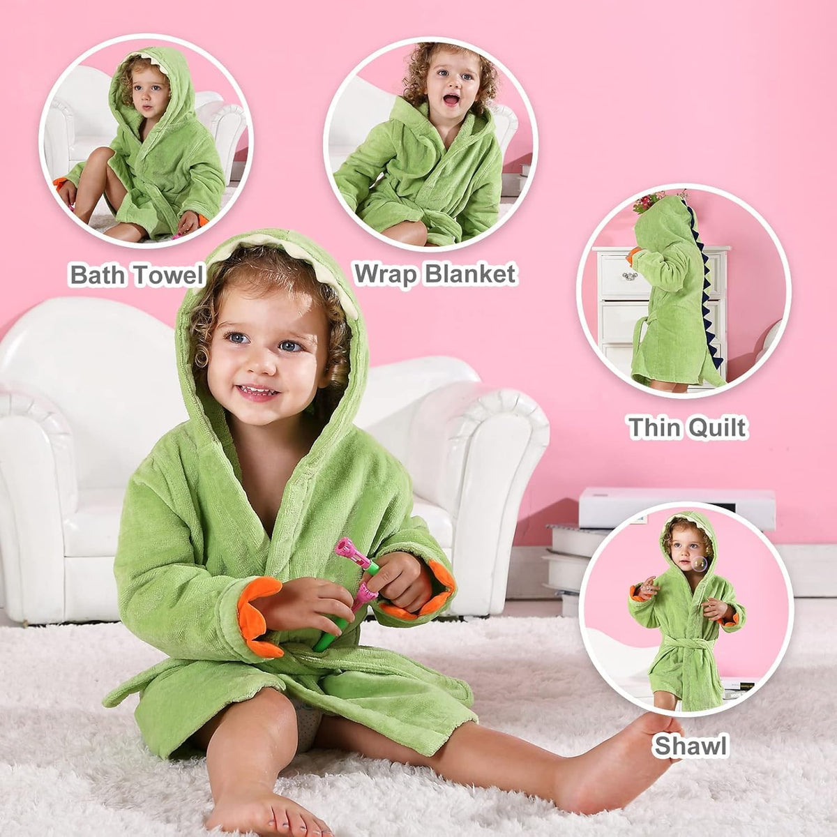 Girls Boys Robe Cotton Towel Baby Dinosaur Style Hooded Bathrobe