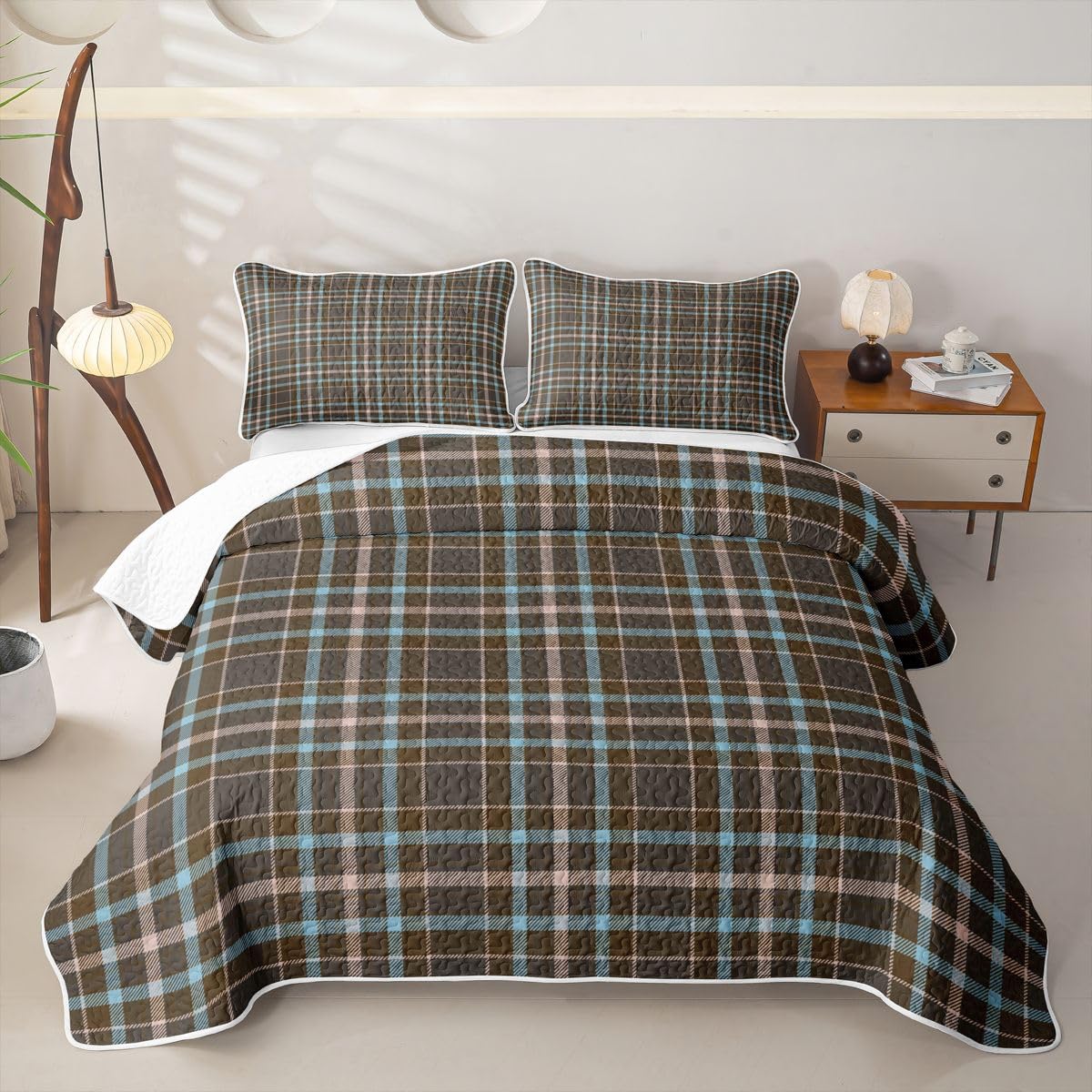 Checkered Plaid Quilt Rustic Stripes Gingham Quilt Set |Brown Blue Grid Coverlet Vintage Checkered Lodge Quilted