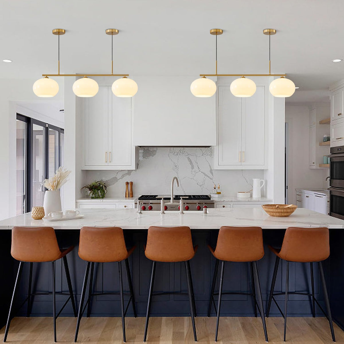 Lighting Mid Century Modern 3-Light Brushed Brass Linear Pendant Light
