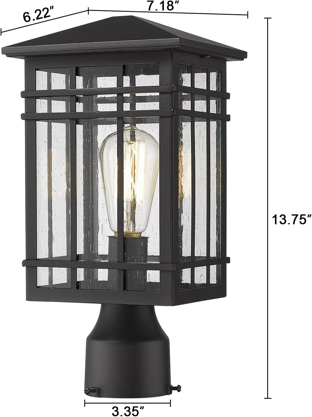 Outdoor Post Lights Fixture - Exterior Post Lantern with Seeded Glass in Black Finish - Pillar Light Ideal for Patio