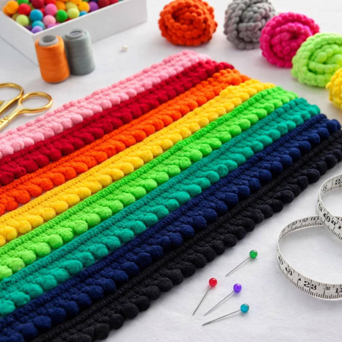 Mini Pom Pom Trim (1 Yard Per Color), Assorted Sample Pack Pom Pom Ribbon, Premium Nylon Ball Fringe for - 35 Yards