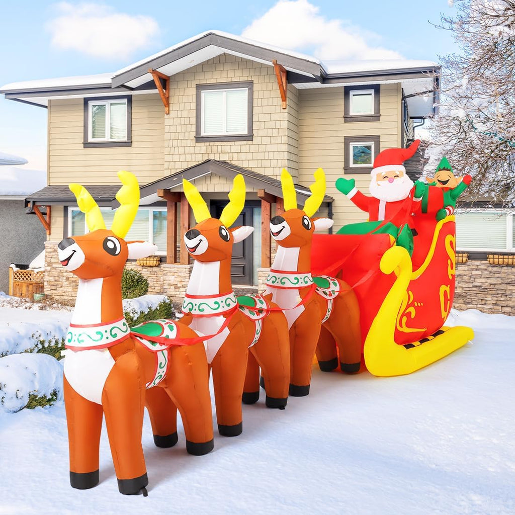 12 Ft Christmas Inflatable Reindeer cart Outdoor Decorations Blow Up Yard Three Deer Pulling a Sleigh and Santa Claus