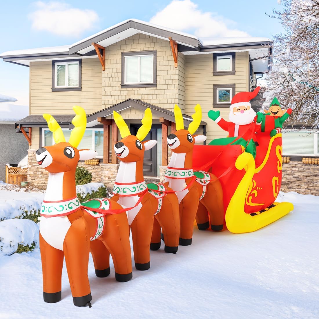 12 Ft Christmas Inflatable Reindeer cart Outdoor Decorations Blow Up Yard Three Deer Pulling a Sleigh and Santa Claus