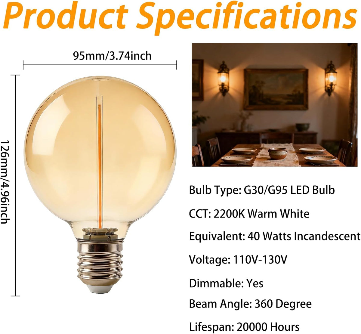 Dimmable Large Globe Light Bulbs, G30 E26 Amber 2200K Warm White 4W