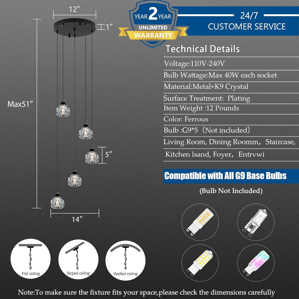5-Light Black Modern Crystal Chandelier