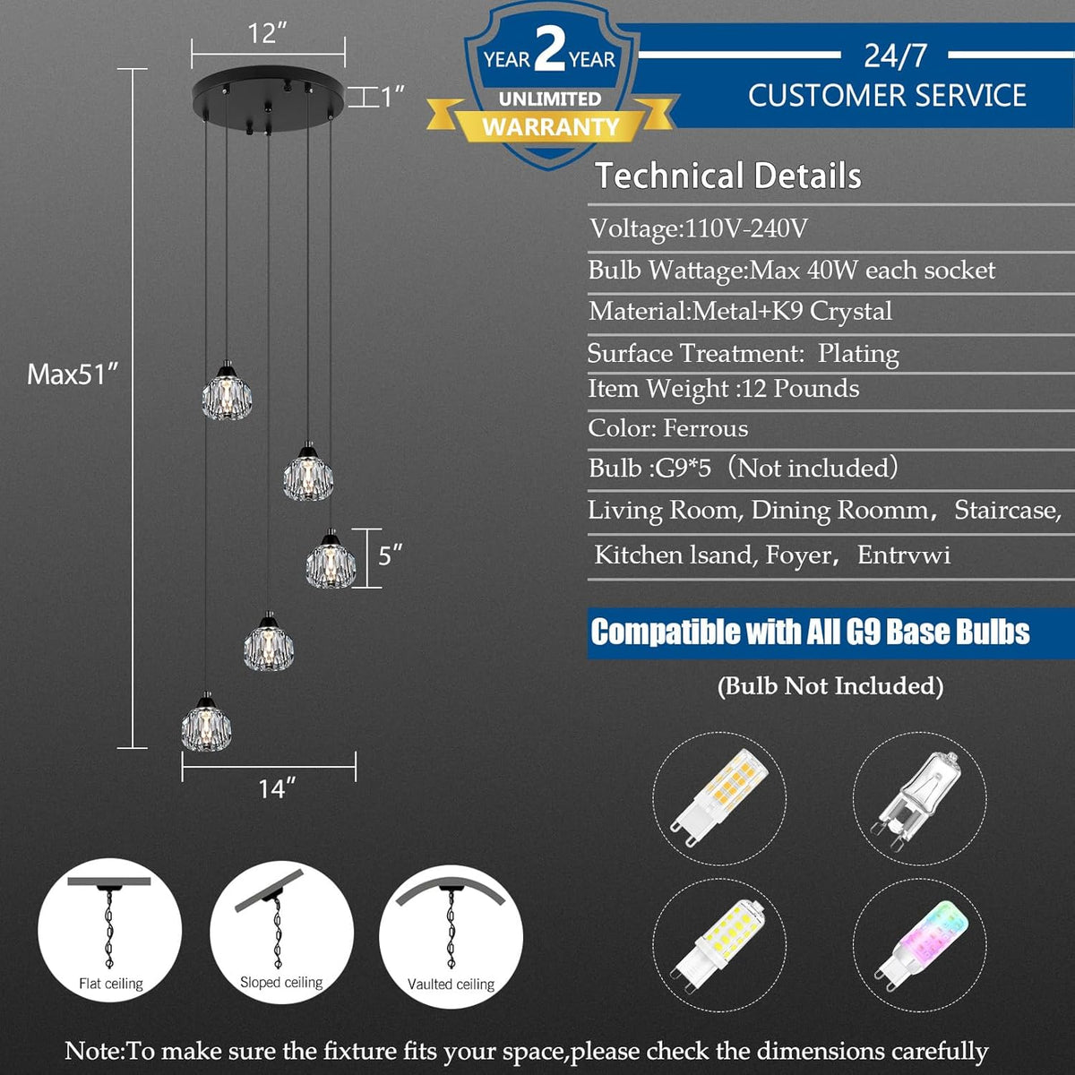 5-Light Black Modern Crystal Chandelier