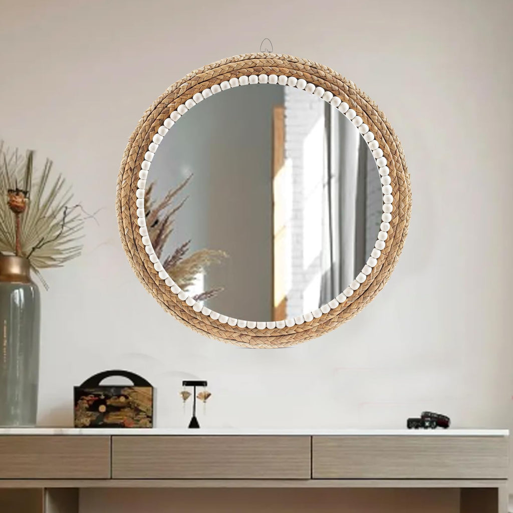 22 Inch Boho Style Decorative Mirror, Round Rattan Wall Hanging Mirror, Nature Rattan Woven Round Mirror, Makeup