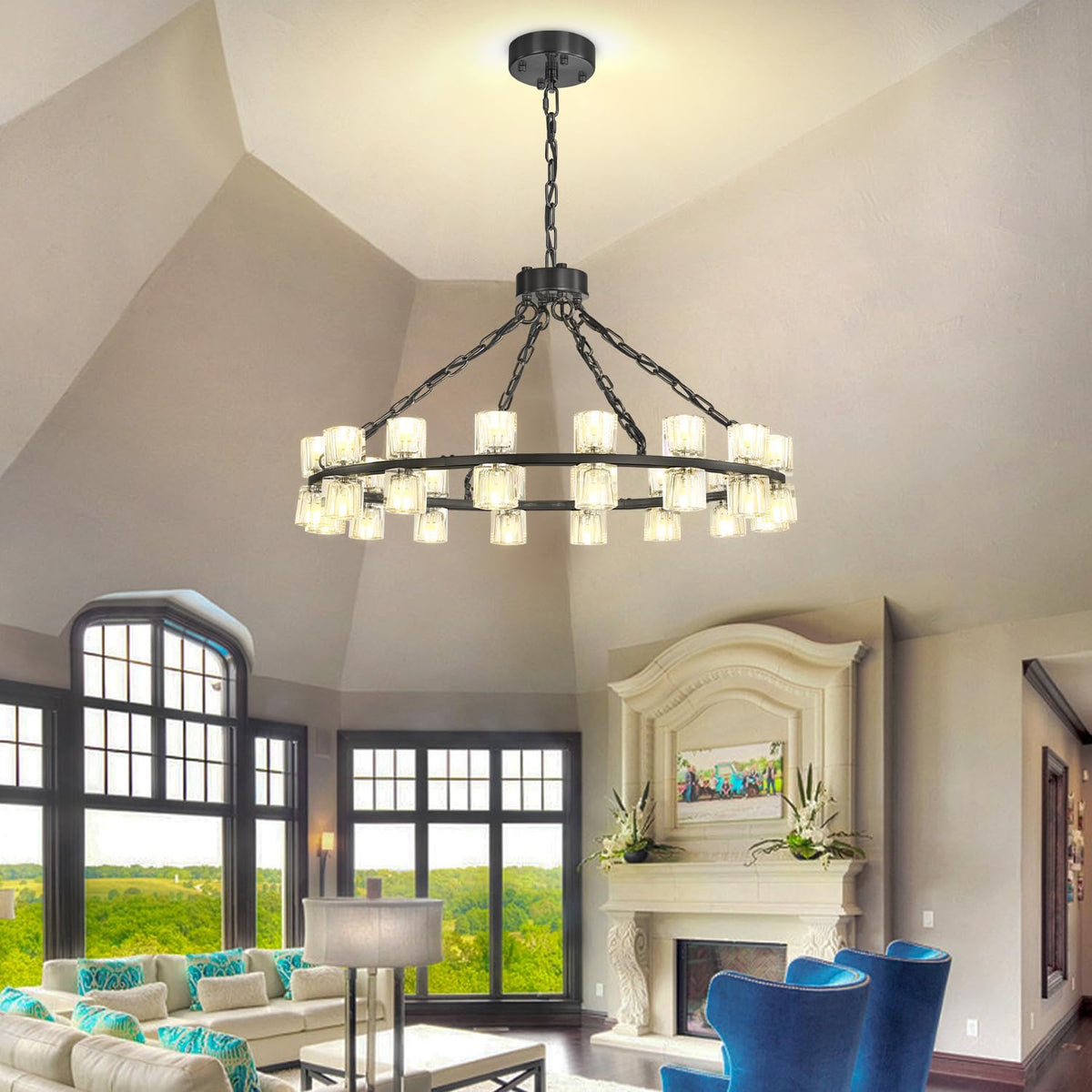 32" 32-Light Black Wagon Wheel Chandelier