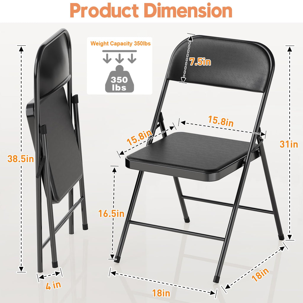 4 Pack Black Folding Chairs with Padded Cushion & Backrest, Comfortable Cushioned Seat with Durable Metal Frame