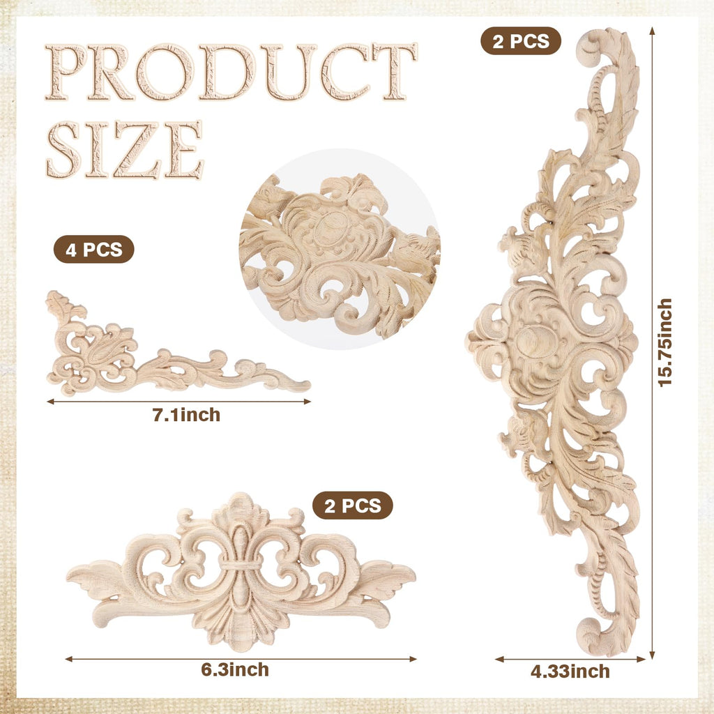 8 Pcs Wood Appliques and Onlays, Delicate Style, Large Size