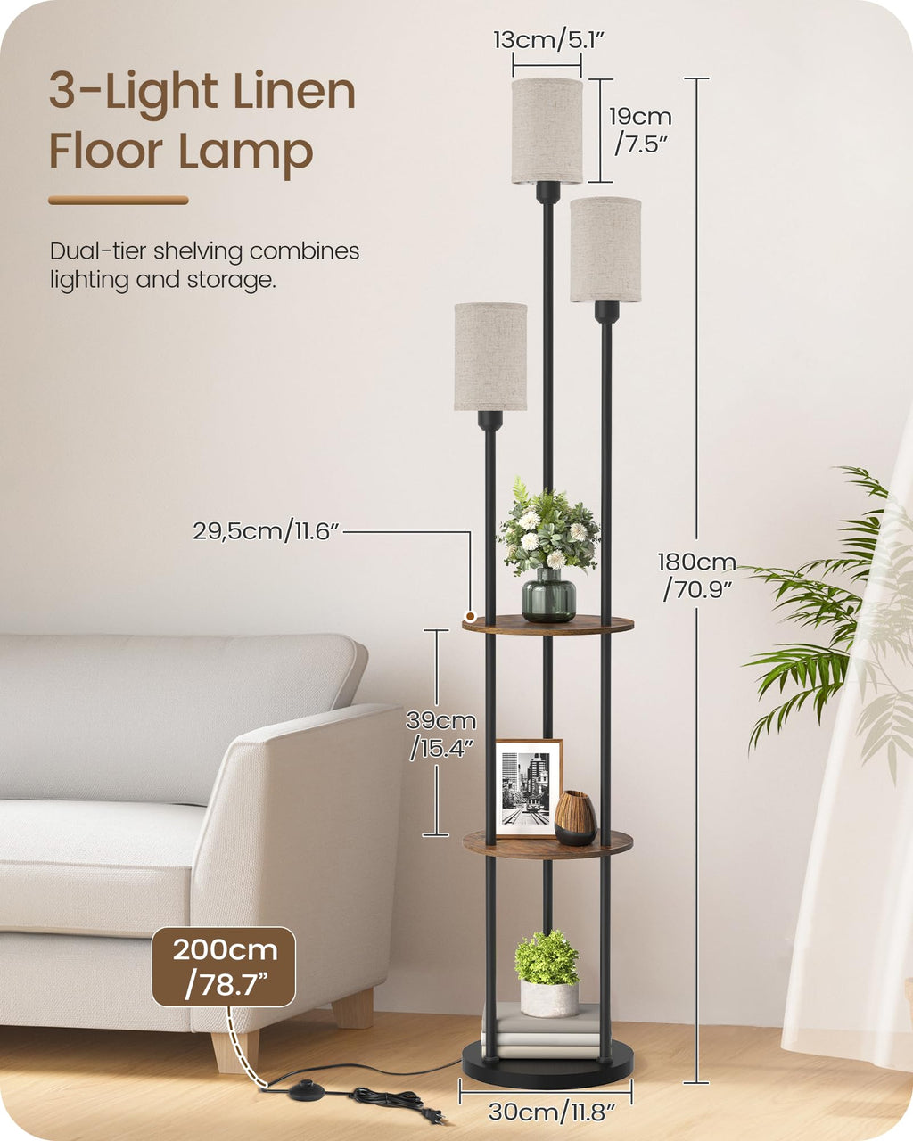 70.9" Floor Lamp with Shelves, Modern Floor Lamp with 3 Linen Shades and Foot Switch, 3-Light Standing Lamp, Study