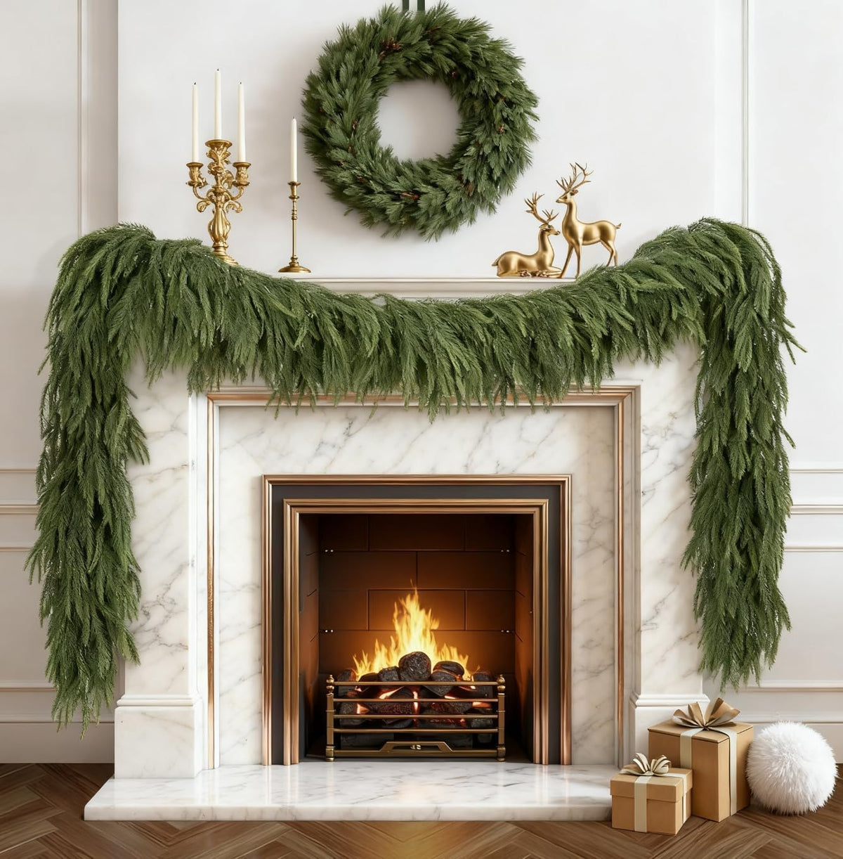 Upgrade 9FT Artificial Christmas Norfolk Pine and Cedar Garlands,Christma Real Touch Winter Pine Garland, Greenery