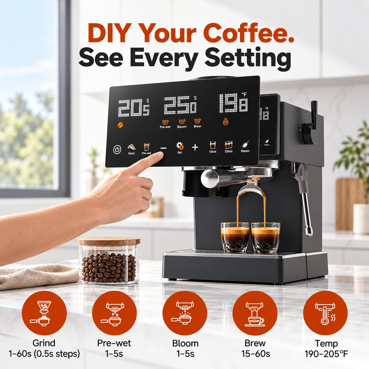 Espresso Machine with Grinder, 1500W, 40 Grind Settings