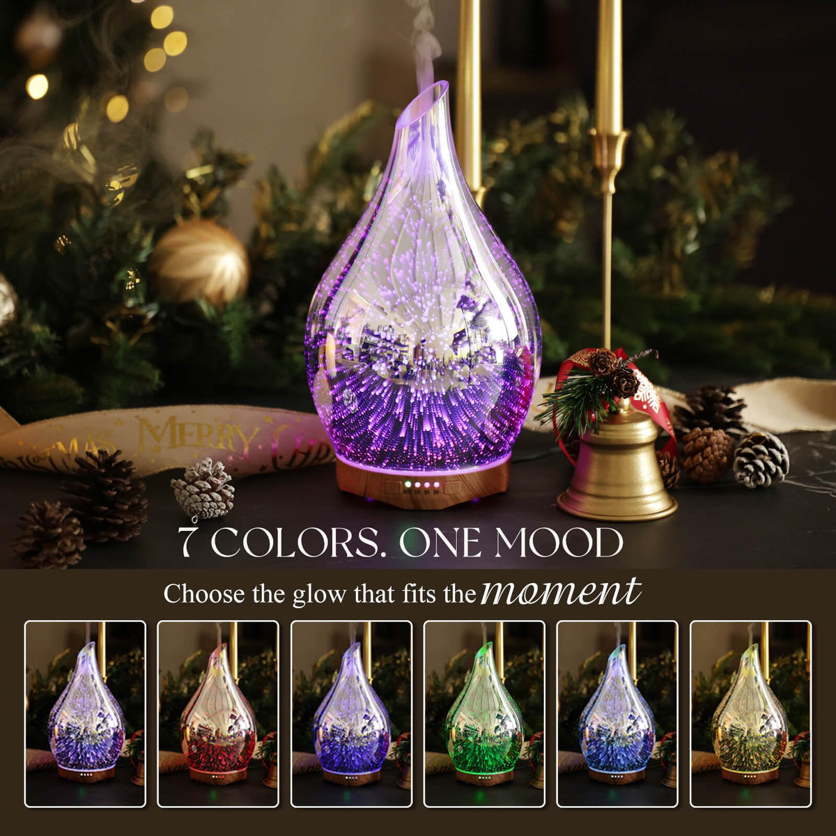 280ml Remote Essential Oil Diffuser 3D Glass Ultrasonic Mist 7H
