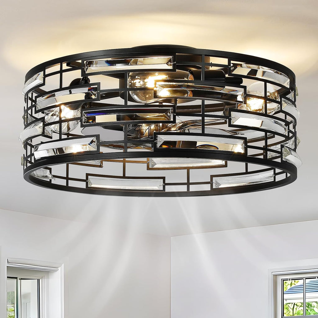 18.9" Black Flush Mount Caged Crystal Ceiling Fan with Light