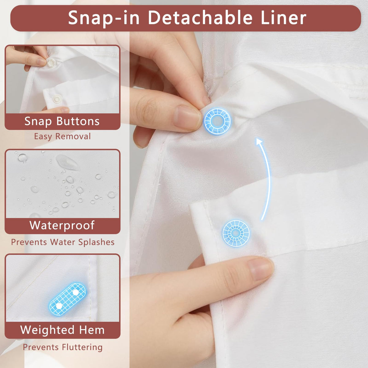 Hook-Free Waterproof Shower Curtains with Snap in Liner and Top Ventilation Window, Washable Shower Curtain with