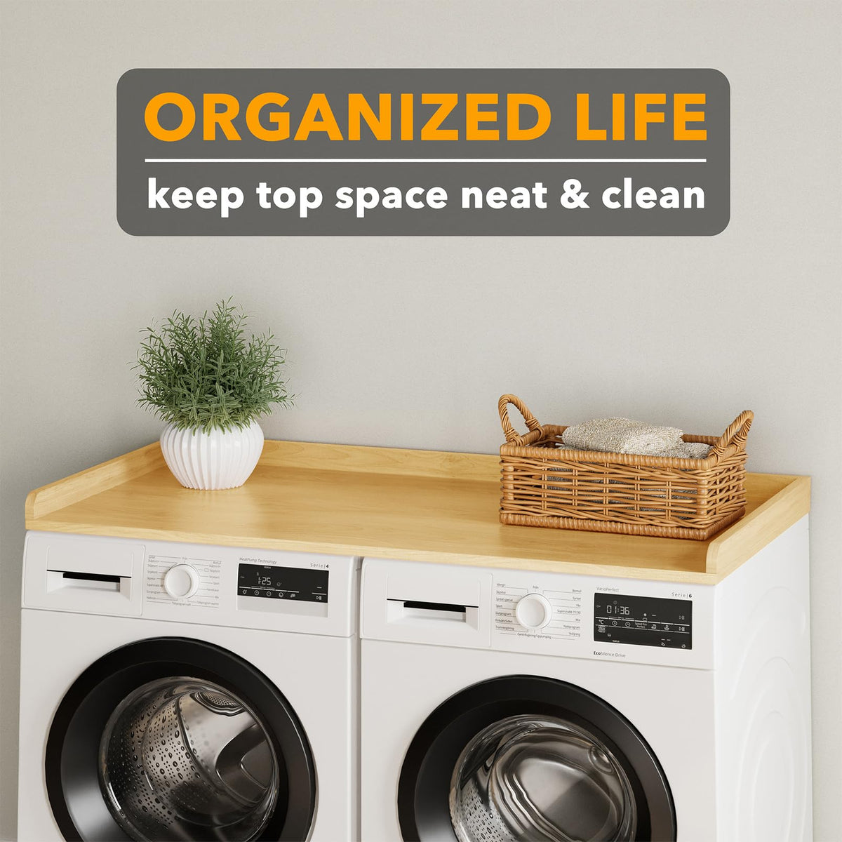 Washer Dryer Countertop, Laundry Wood Shelf Topper with Edge, 54" Width x 27.5" Depth Cover Guard Organizer for