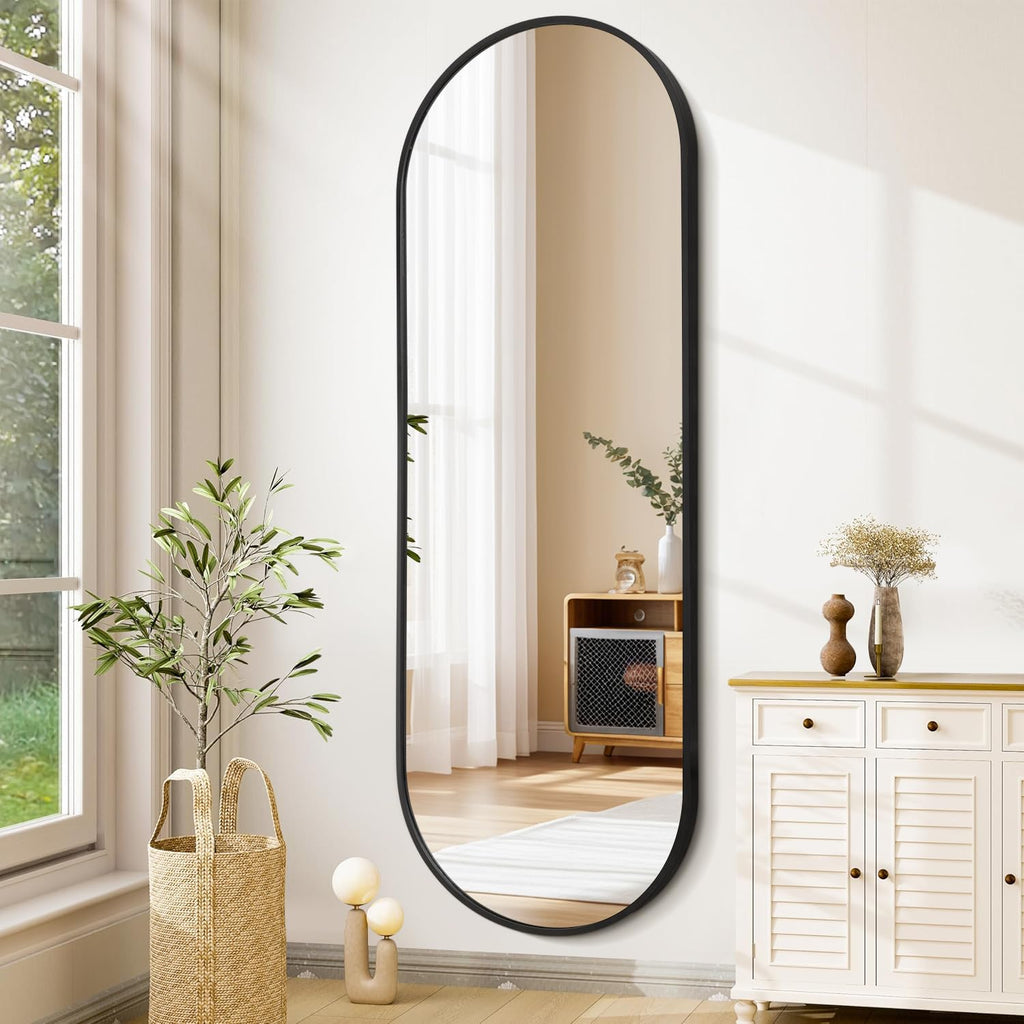 Bathroom Wall Full Length Mirrors for Wall Oval Mirror Black Metal Framed Mirrors 48"X18" Matte Bedroom Vanity
