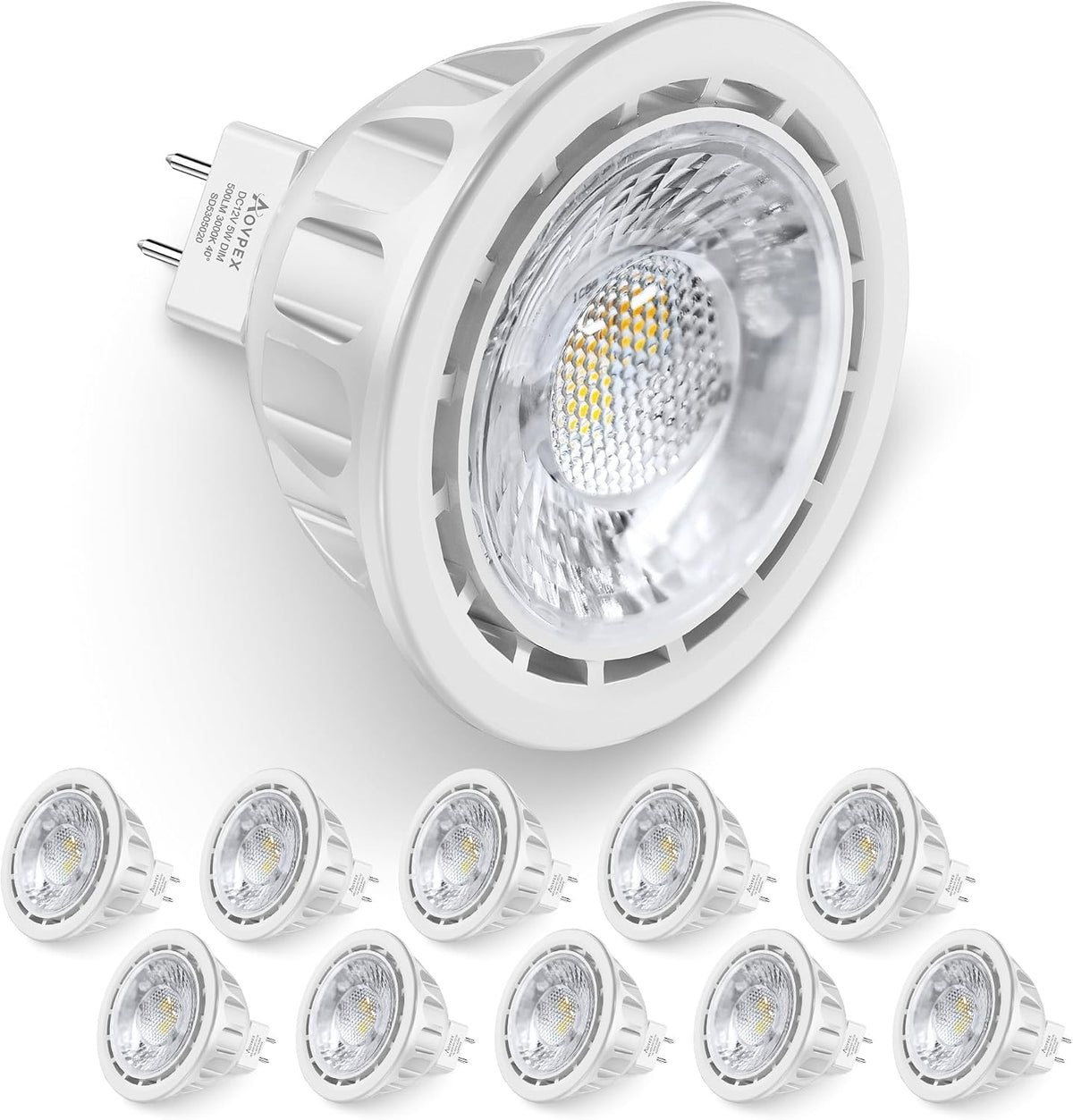 10 Pack Dimmable MR16 LED Bulbs, 12V 5W(50-Watt Equivalent), 3000K Warm White, GU5.3 Bi-Pin Base, 40-Degree