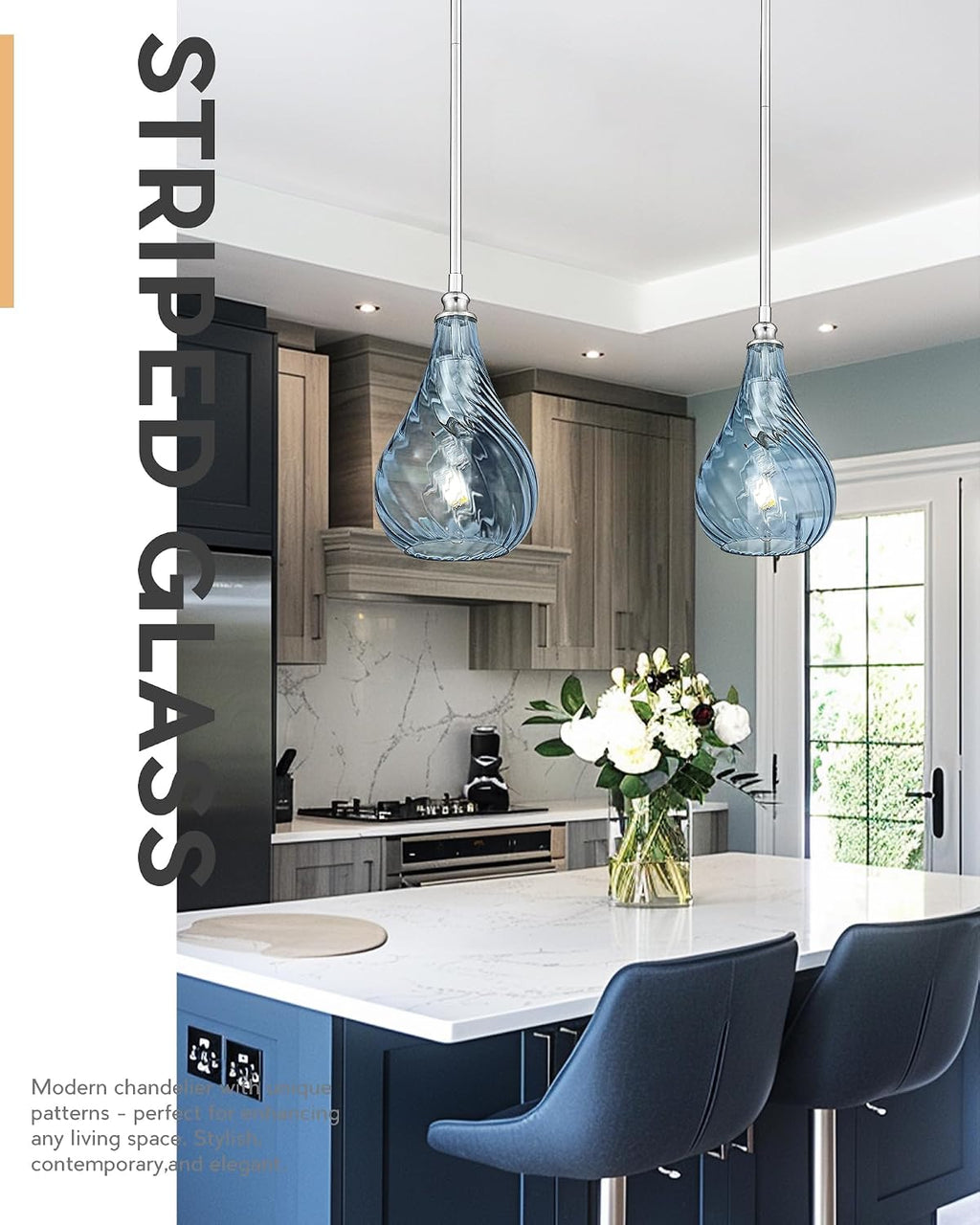 2 Pack Kitchen Pendant Lighting Over Island 6 Inch,Hanging Pendants Light,Brushed Gold Finished Striped Glass Pendant