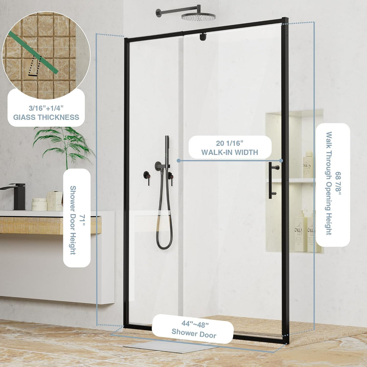 44-48"W x 71"H Pivot Swing Glass Shower Door, 1/4"(6mm) Clear Tempered Glass Pivot Frame Sliding Shower Door