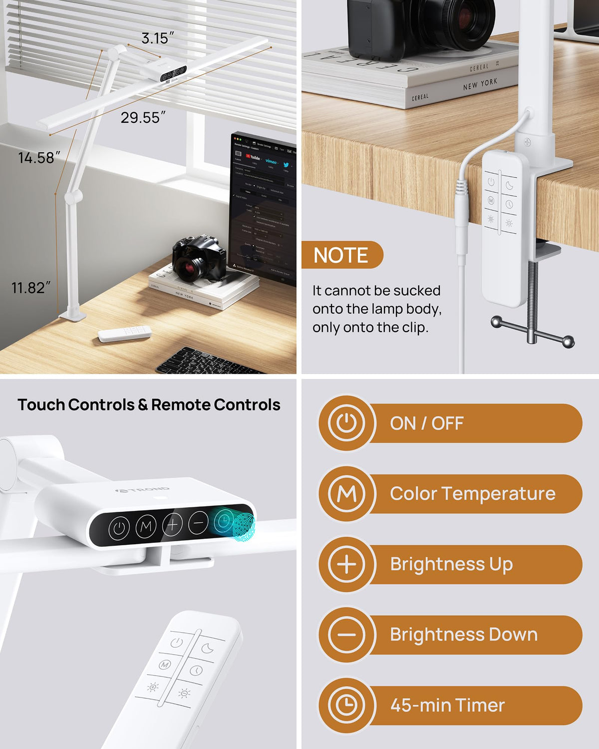 LED Desk Lamp with Clamp, 29.55'' Tall Desk Light with Remote, White