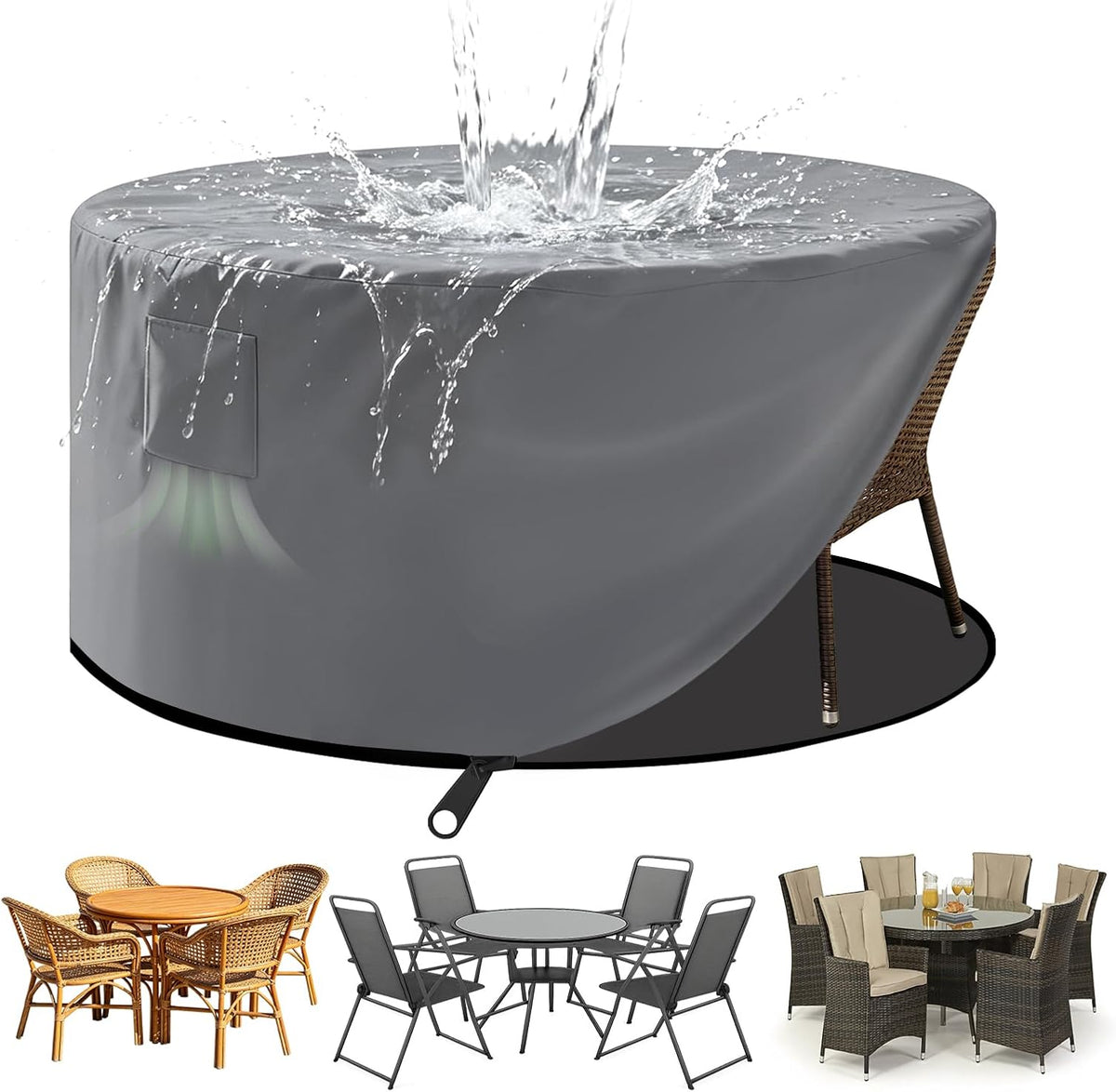 Round Patio Table Cover Zipper Outdoor Furniture Cover Waterproof | Fully Enclosed, Zipper Bottom, 4 Air Vents, 84"D
