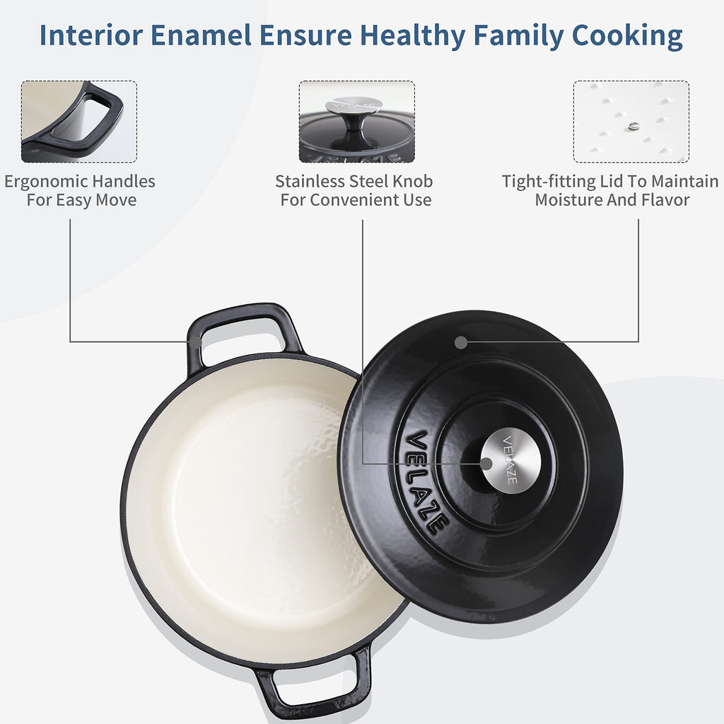 6 QT Enameled Cast Iron Dutch Oven Pot with Lid, Black