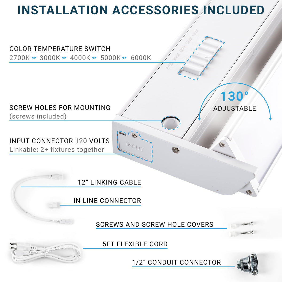 LED Swivel Under Cabinet Lighting, Hardwired or Plug-in Installation, 32 Inch, 18W, 5CCT Color Selectable