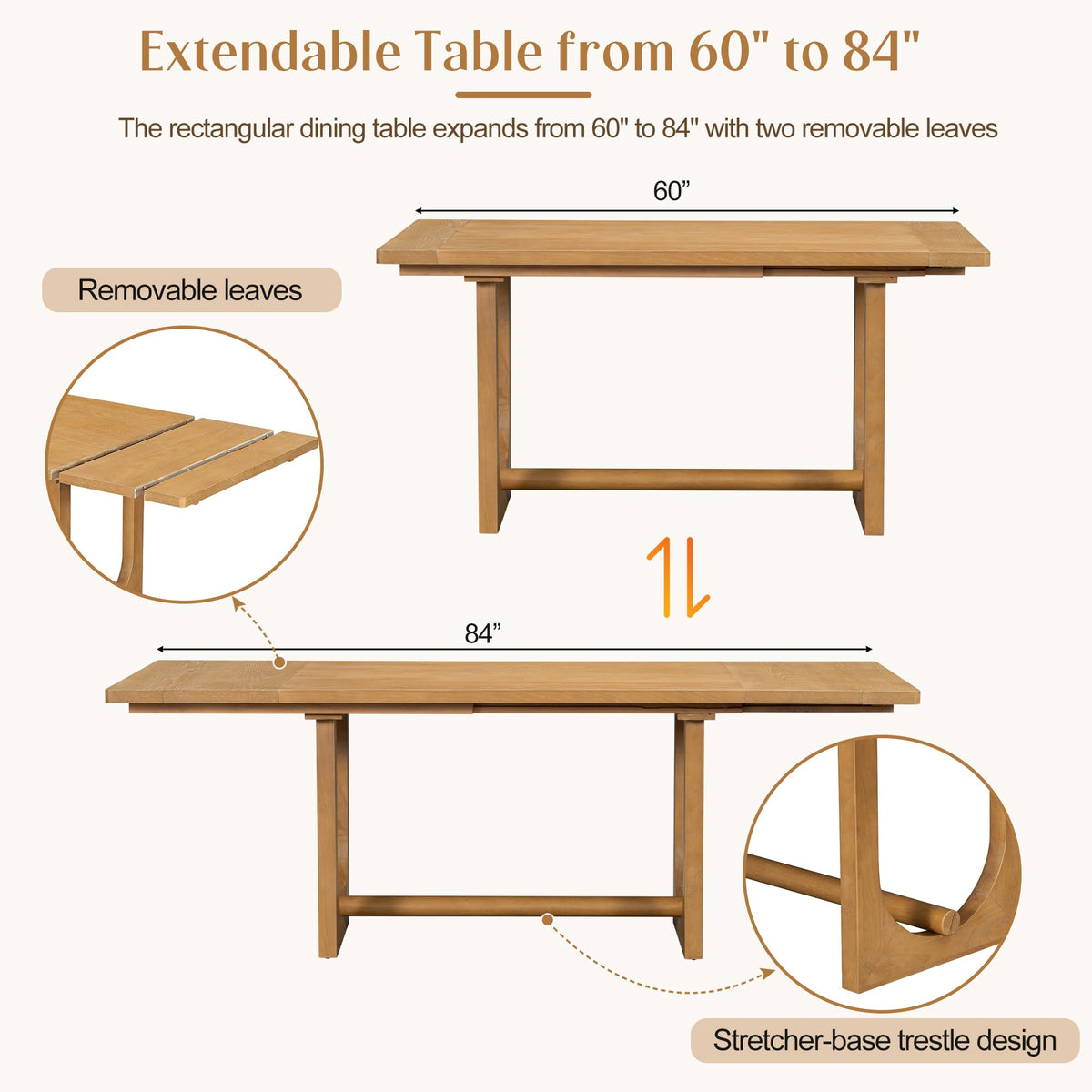 Farmhouse 6-Piece Extendable Solid Wood Dining Table Set for 6