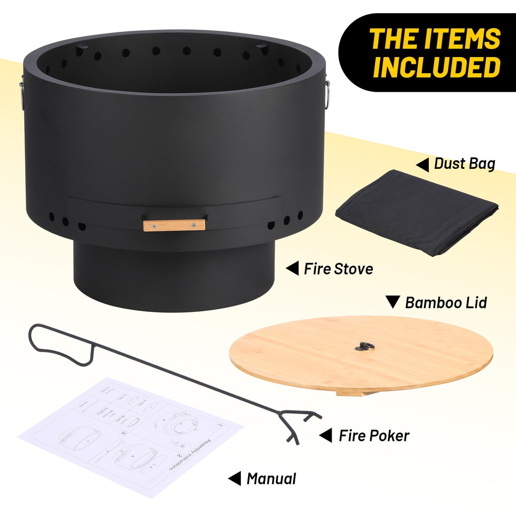 Smokeless Firepit- 26" Wood Burning Fire Pit with 360° Airflow, Removable Ash Pan & Bamboo Lid - Low Smoke Bonfire