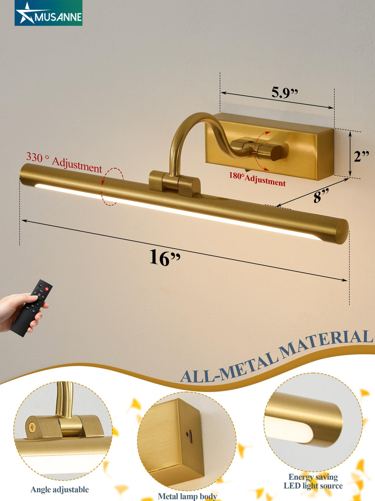 Wireless Rechargeable Picture Light for Wall, 16 Inch Battery Operated Art Lighting with Remote, 3CCT Dimmable &